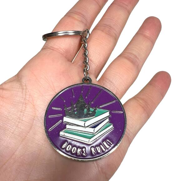 Books Rule! Keychain - Circular Pendant Stack of Books Crown - Picture 3 of 10